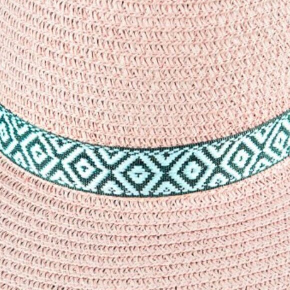 Womens Pink Straw Hat Wide Brim Frayed Edge Tribal Band Beach Sun Hat NWT - Picture 4 of 4